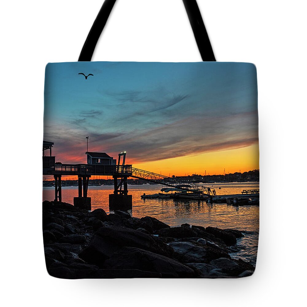 Salem Tote Bag featuring the photograph Sunset over the Salem Yacht Club Salem Willows MA by Toby McGuire