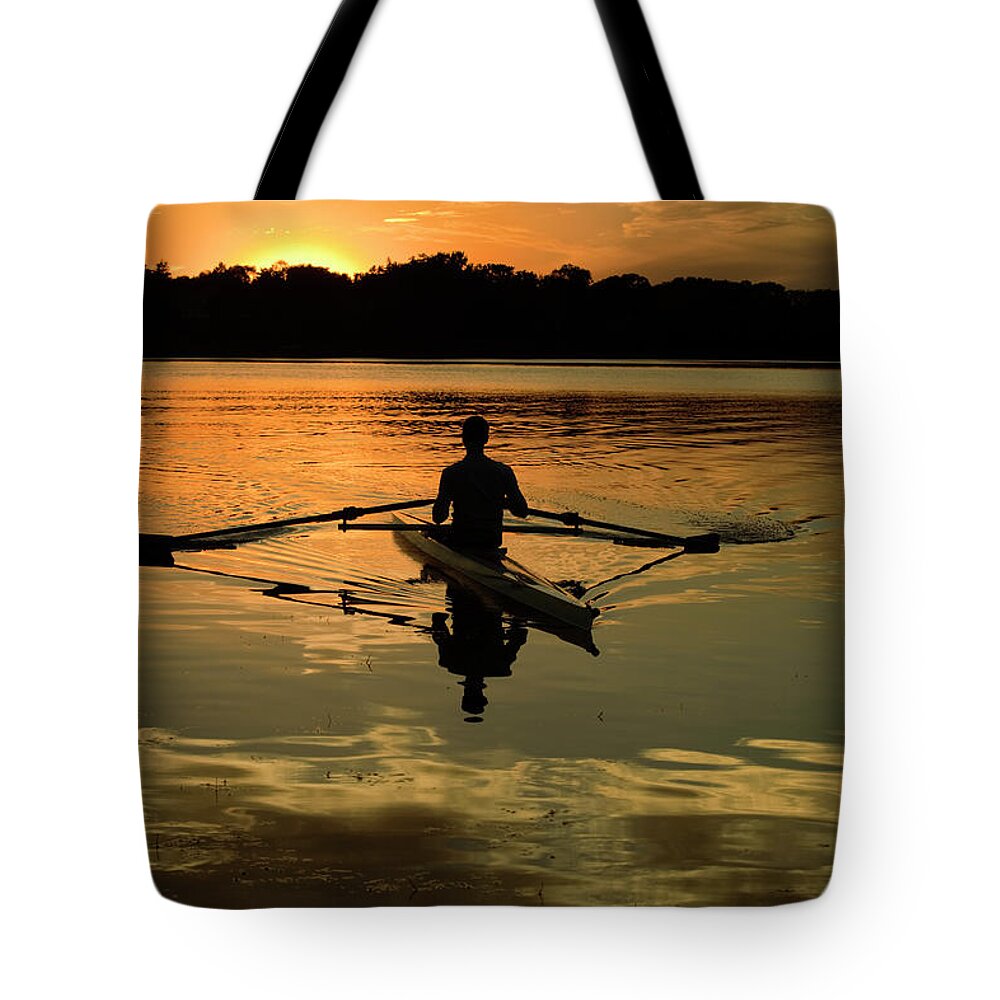 Young Men Tote Bag featuring the photograph Sunset Sculling In Minneapolis Minnesota by Yinyang