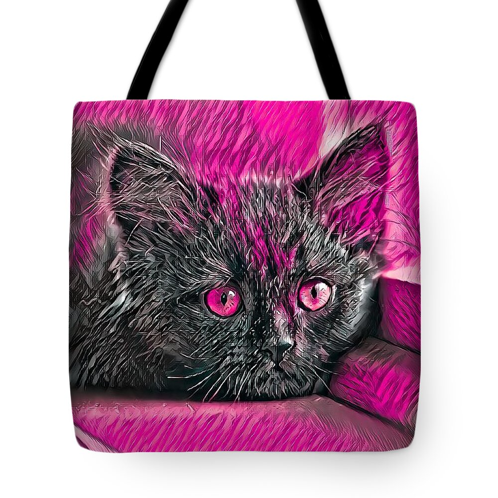 Pink Tote Bag featuring the digital art Super Cool Black Cat Pink Eyes by Don Northup