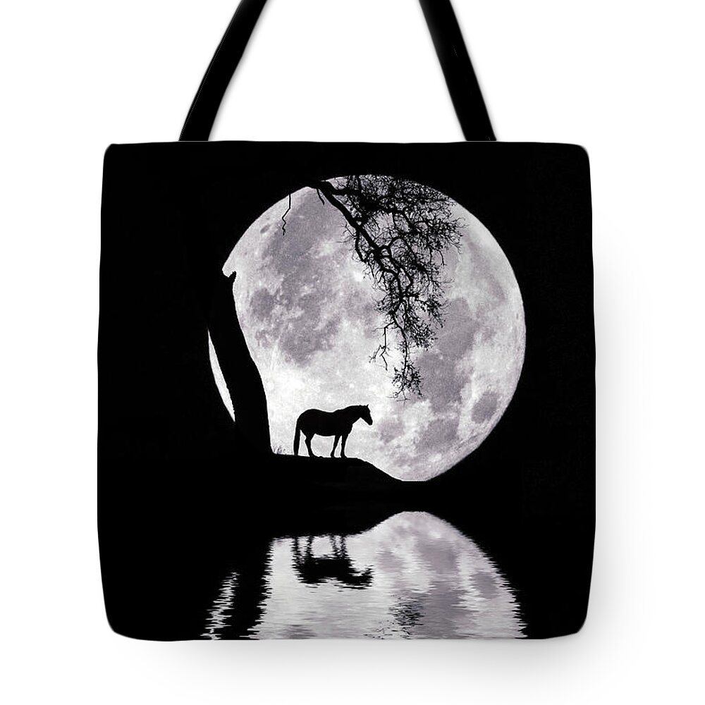 Horse Tote Bag featuring the photograph Super Moon and Horse with Reflection by Stephanie Laird