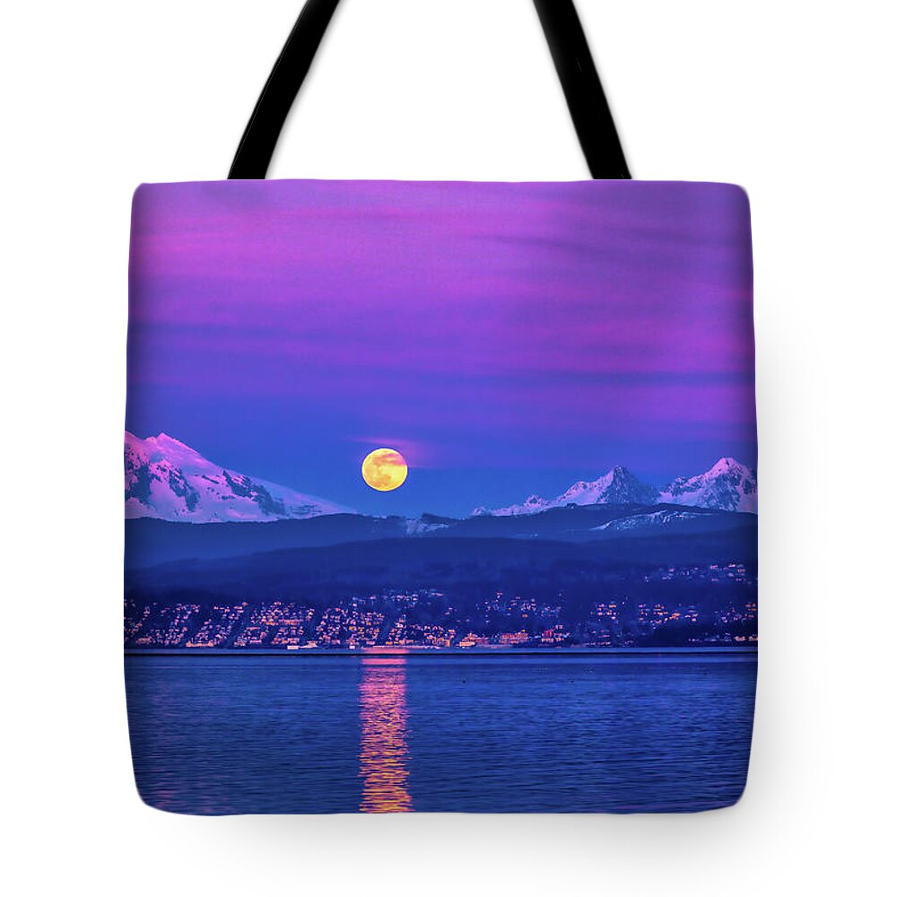 Moon Tote Bag featuring the photograph Supermoon with Mt. Baker Alpenglow by Mark Joseph