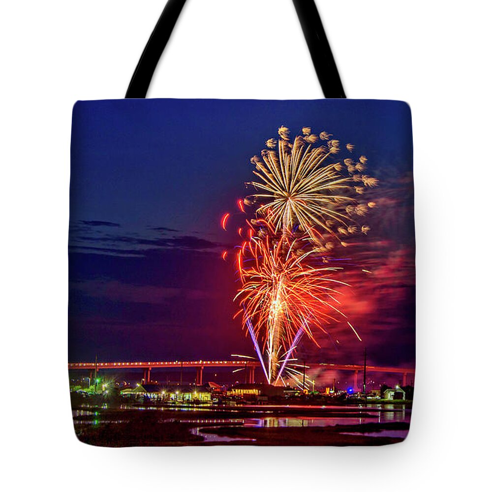 Surf City Tote Bag featuring the photograph Surf City Fireworks 2019-2 by DJA Images