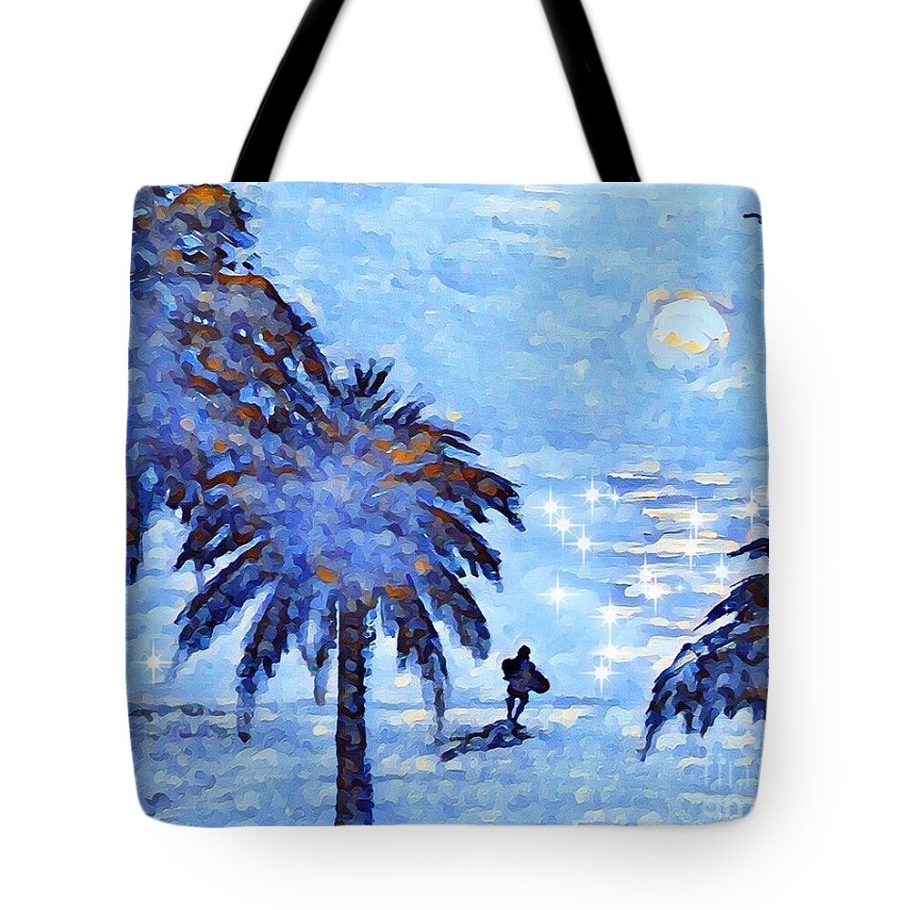 Painting Of A Surfer At The Beach In Florida Tote Bag featuring the mixed media Surfer at the Beach by Lavender Liu
