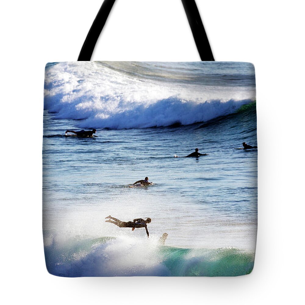 Spray Tote Bag featuring the photograph Surfing At Southern End Of Bondi Beach by Oliver Strewe