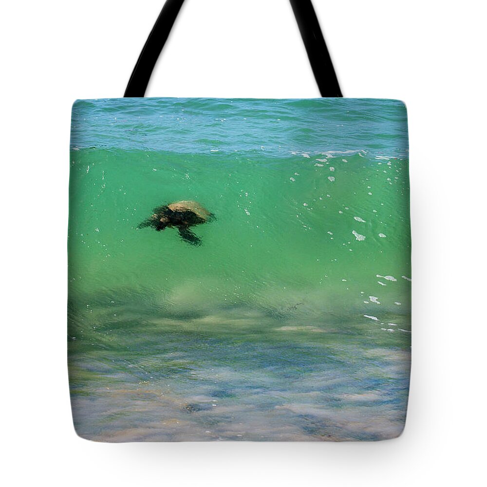 Honu Tote Bag featuring the photograph Surfing Turtle by Anthony Jones