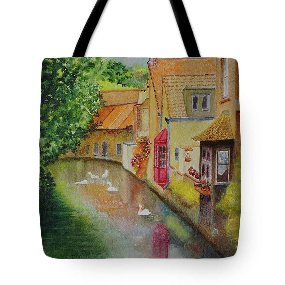 Bruges Tote Bag featuring the painting Swan Canal by Karen Fleschler