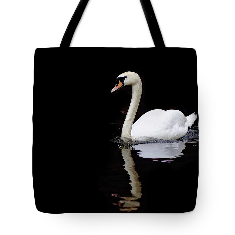 Black Color Tote Bag featuring the photograph Swan Swimming In Lake by Alexturton