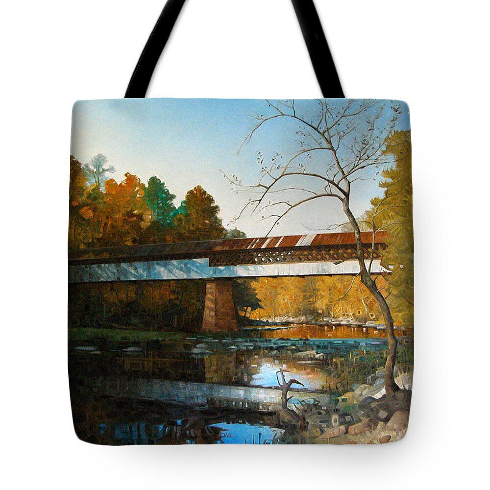 Covered Bridge American Landscape Autumn River Bridges Fine Art Oil Painting Tote Bag featuring the painting Swann Covered Bridge In Early Autumn by T S Carson