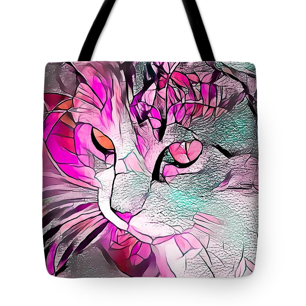 Glass Tote Bag featuring the digital art Sweet Pink Stained Glass Cat by Don Northup