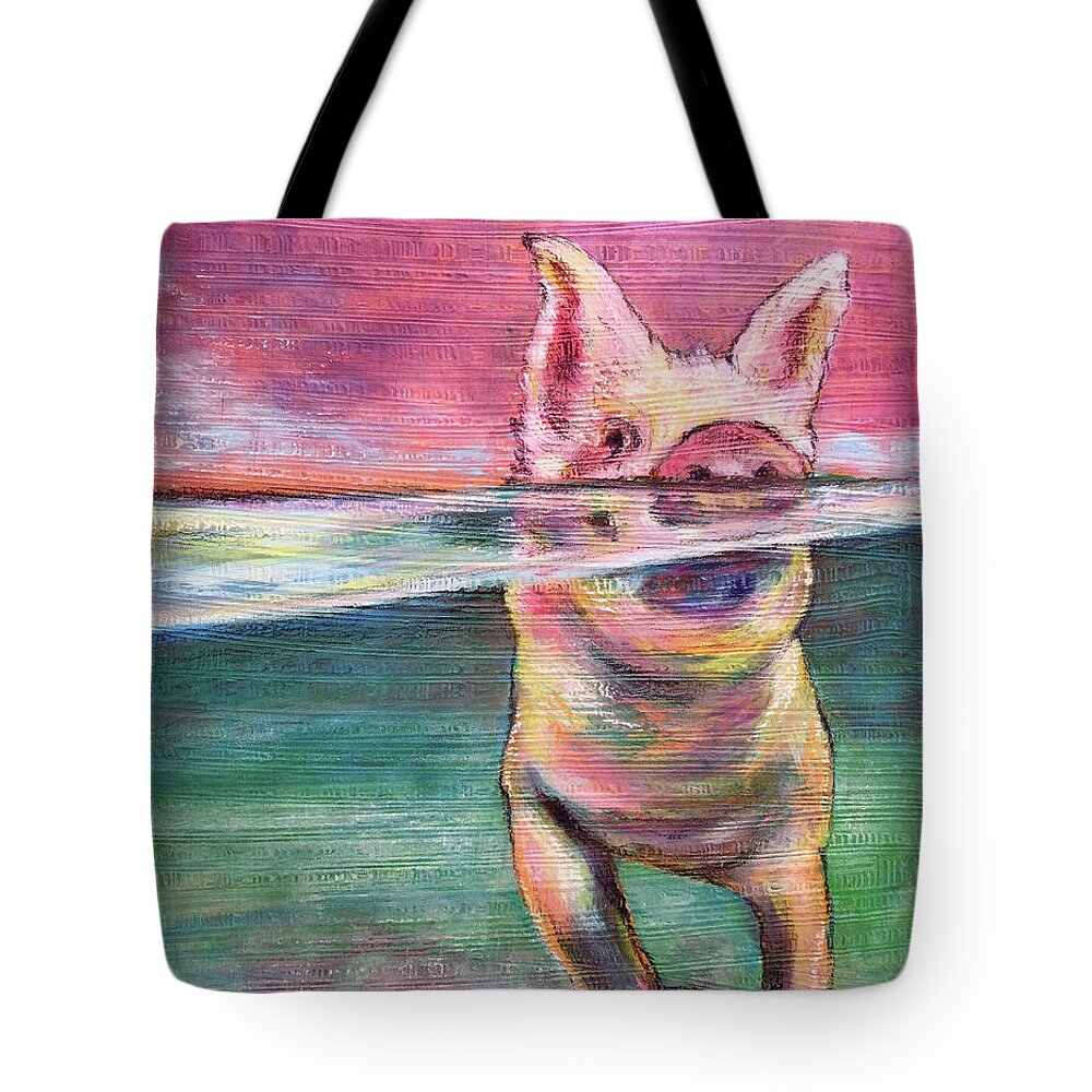 Pig Tote Bag featuring the mixed media Swimming Pig by AnneMarie Welsh