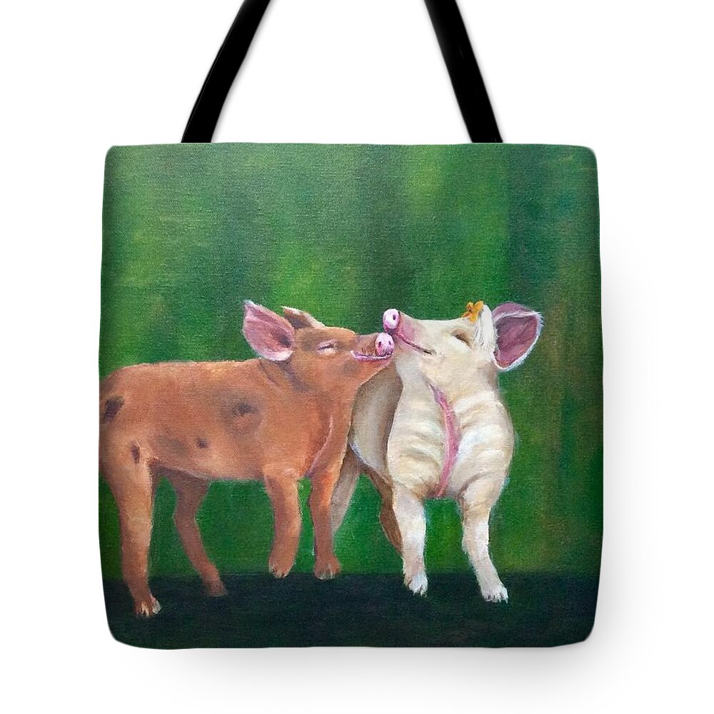 Pigs Tote Bag featuring the painting Swine Snuggles by Deborah Naves