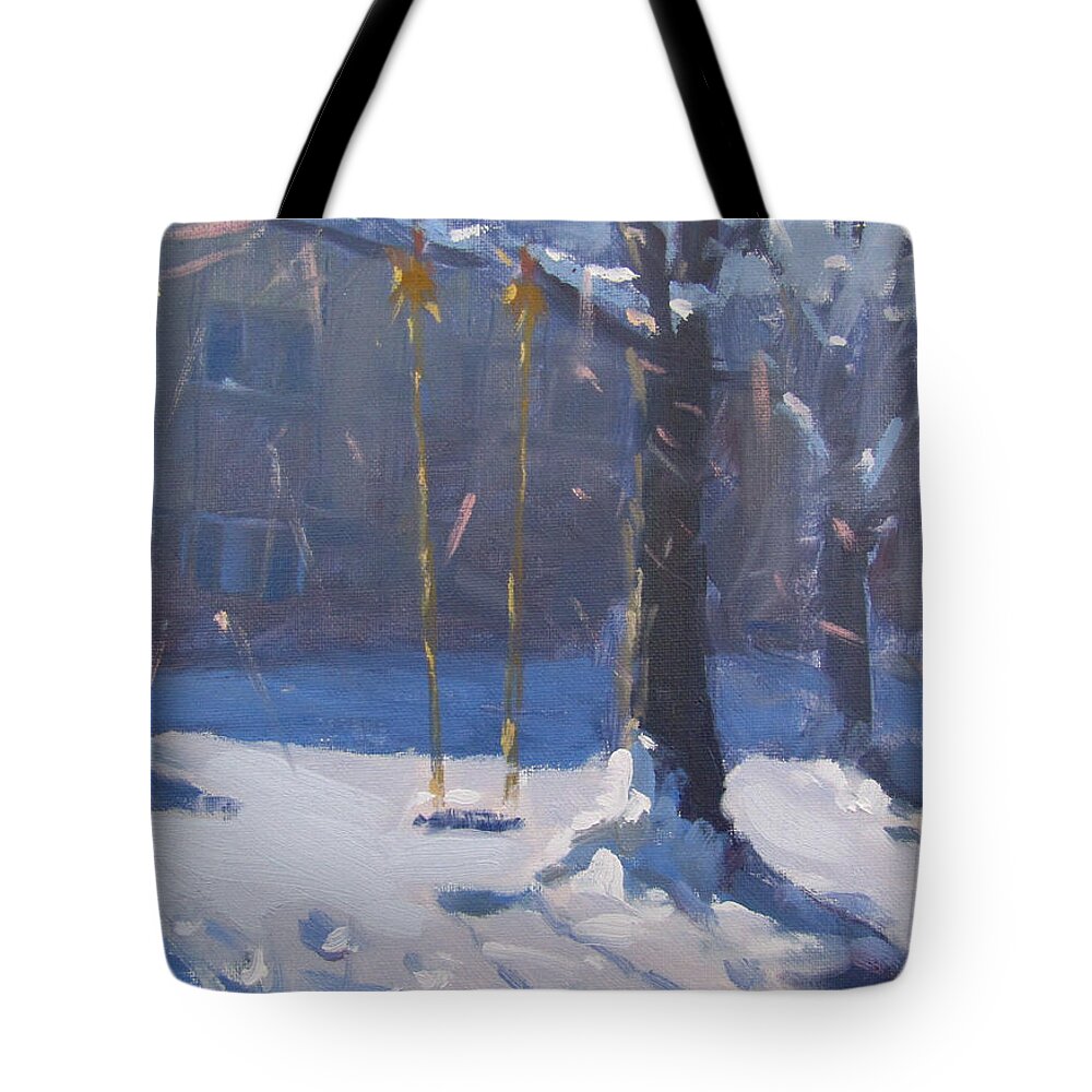 Swing Tote Bag featuring the painting Swing and Snow by Ylli Haruni