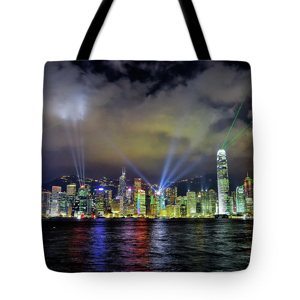 Outdoors Tote Bag featuring the photograph Symphony Of Lights Hong Kong by Rain Jorque