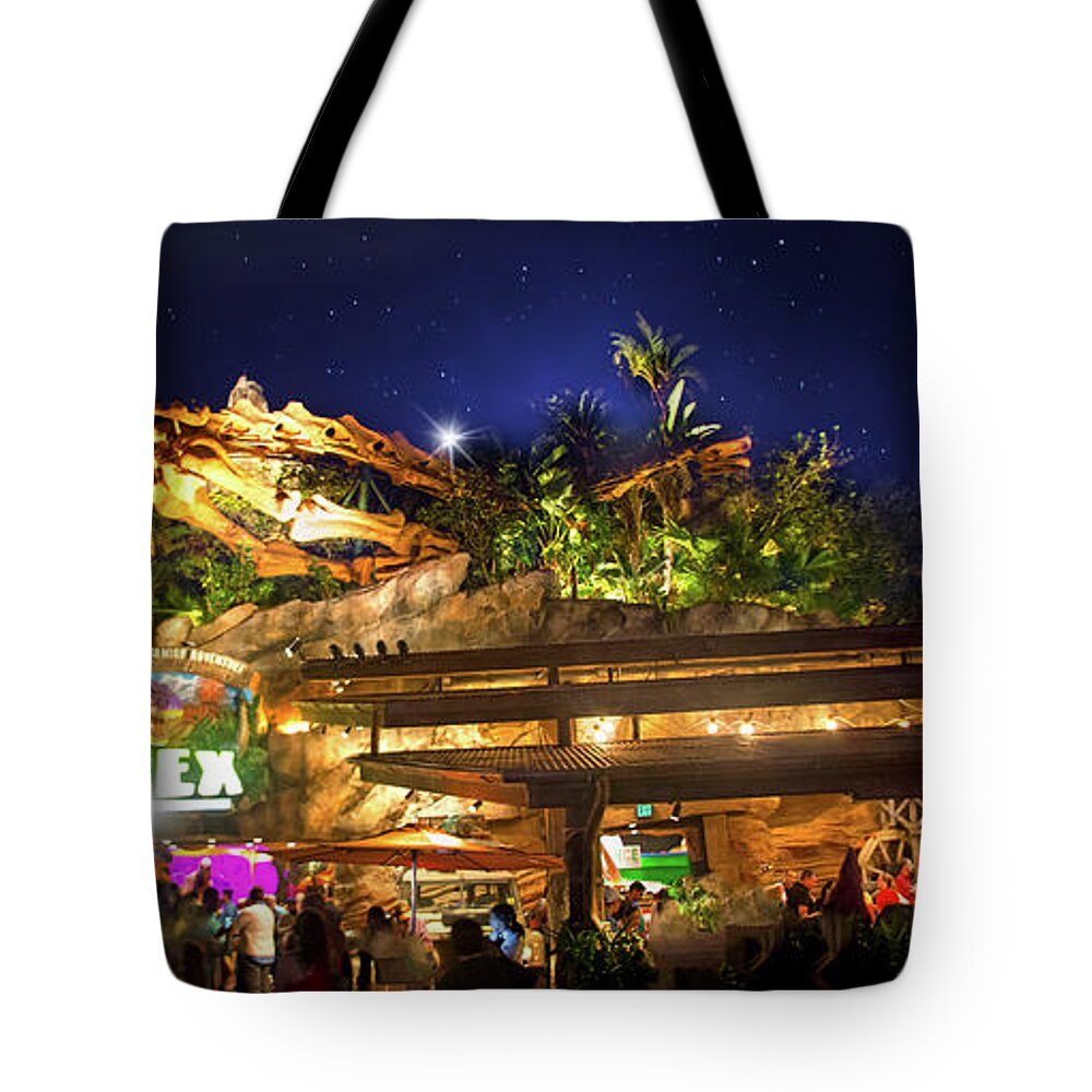 T-rex Cafe Tote Bag featuring the photograph T-Rex Cafe at Disney Springs by Mark Andrew Thomas