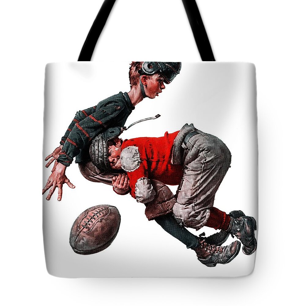 #faatoppicks Tote Bag featuring the painting Tackled by Norman Rockwell