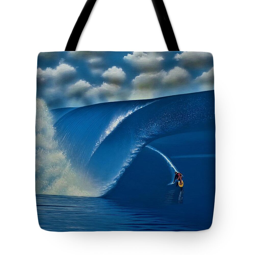 Surfing Tote Bag featuring the painting Teahupoo Tahiti 2000 by John Kaelin