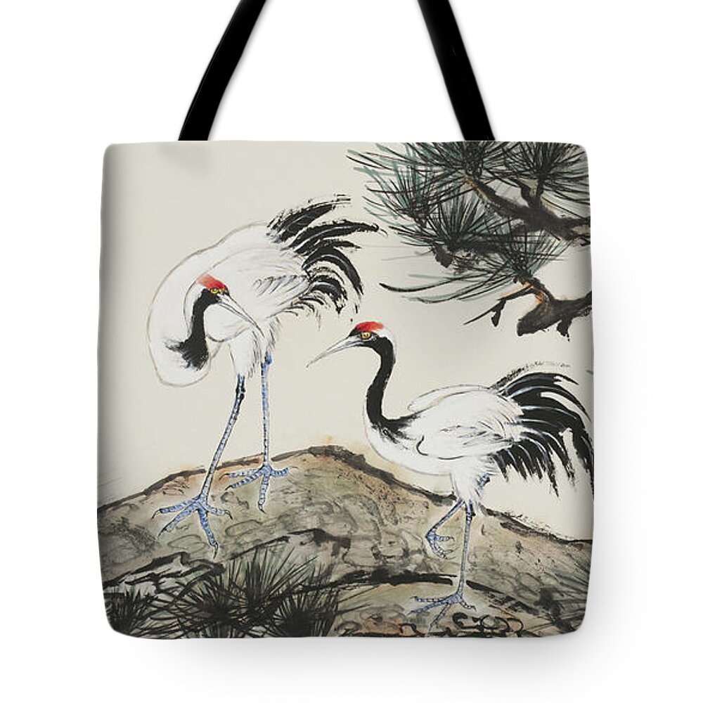 Chinese Watercolor Tote Bag featuring the painting Cranes Among the Pines by Jenny Sanders