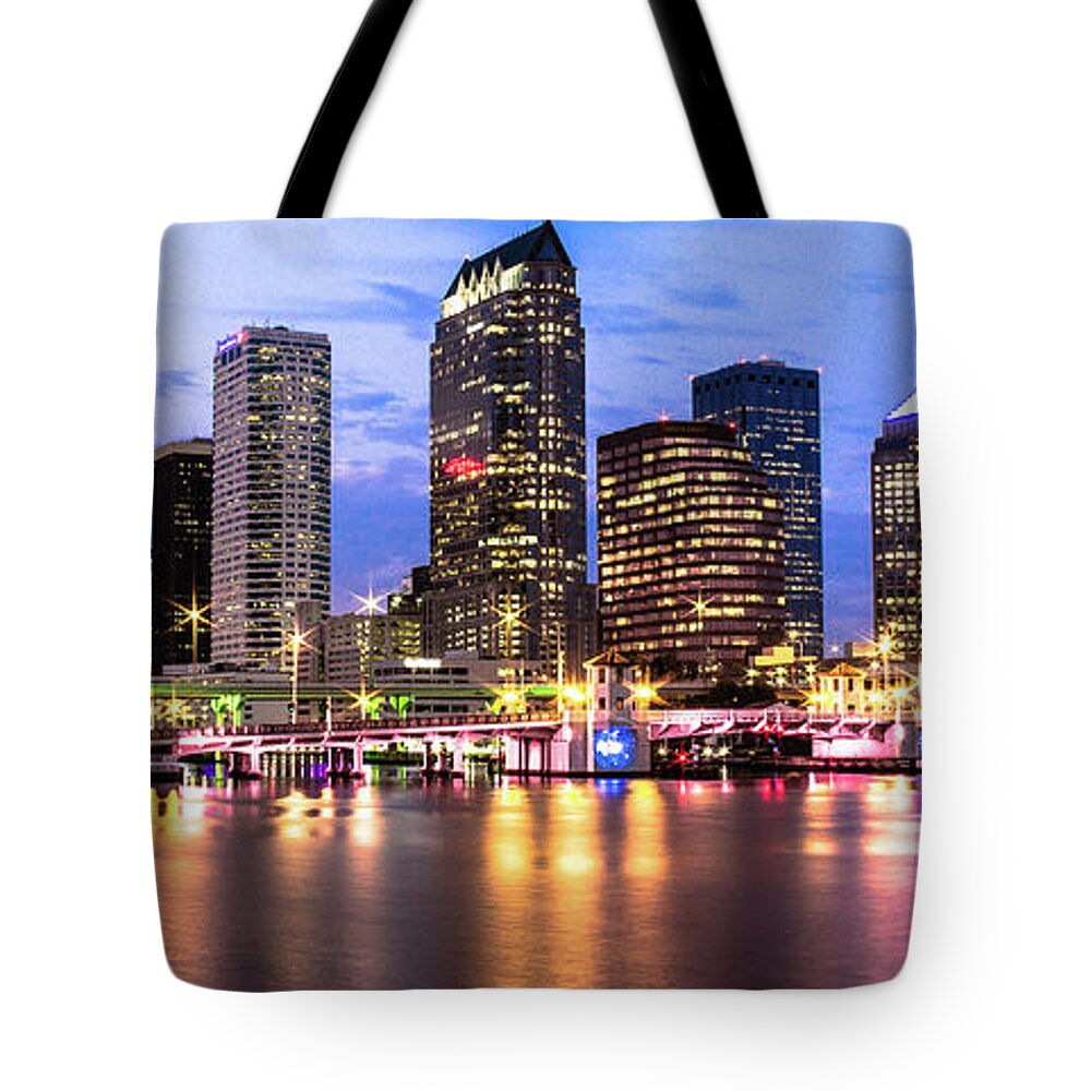 Panoramic Tote Bag featuring the photograph Tampa Skyline Blue Hour by (c) Swapan Jha