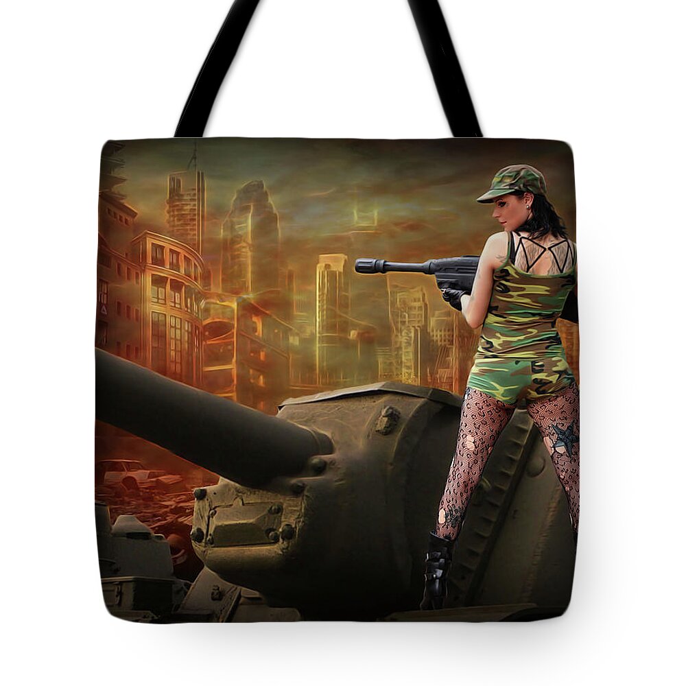 Tank Tote Bag featuring the photograph Tank Girl Age Of Ruin by Jon Volden