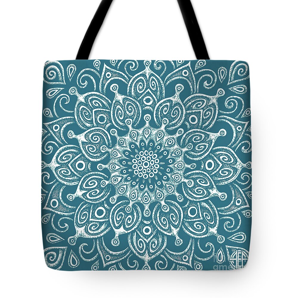 Boho Tote Bag featuring the drawing Tapestry Square 24 Sea Creature Blue by Amy E Fraser
