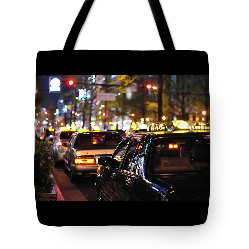 Osaka Prefecture Tote Bag featuring the photograph Taxis On Street At Night by Thank You For Choosing My Work.