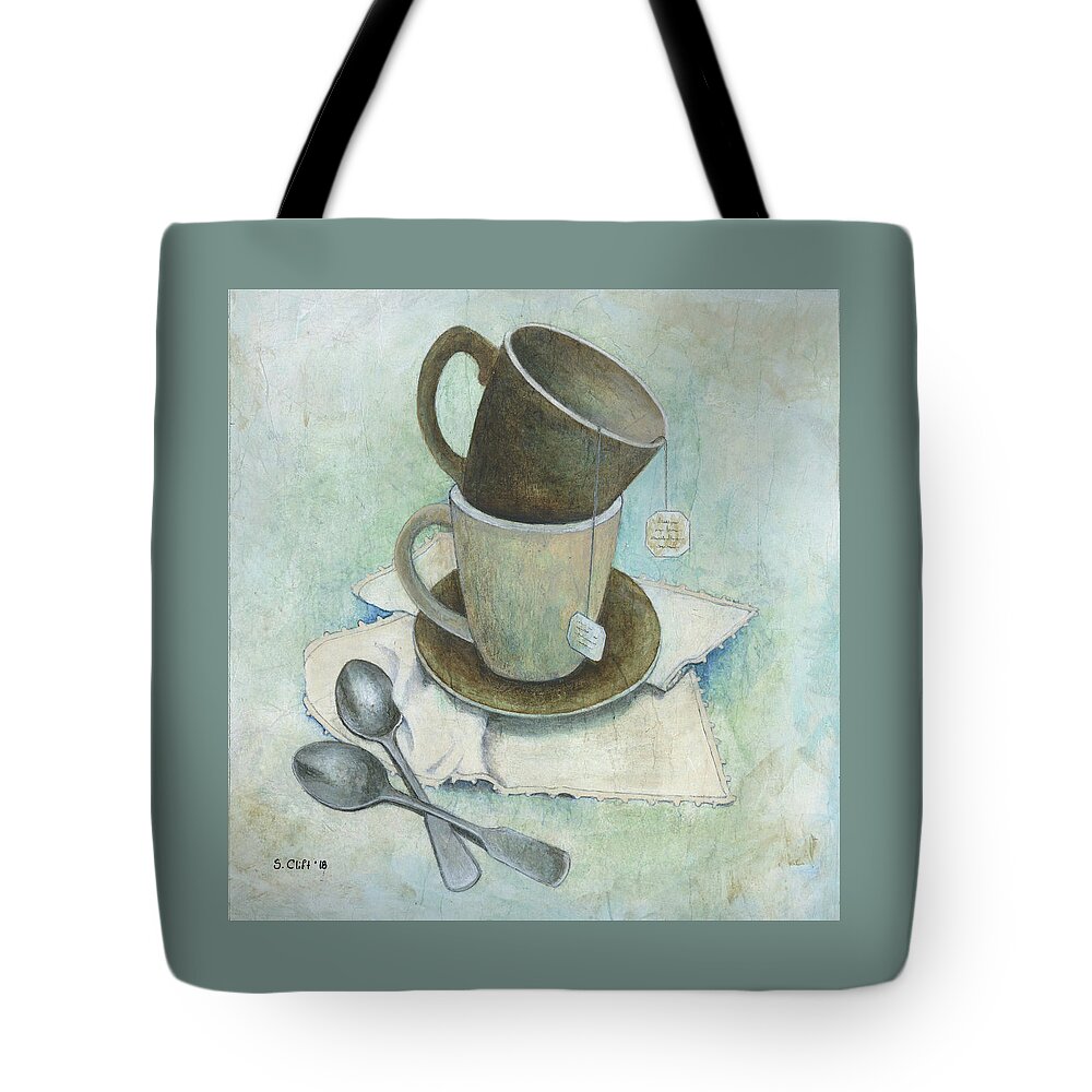 Tea Bags Tote Bag featuring the mixed media Tea for Two by Sandy Clift