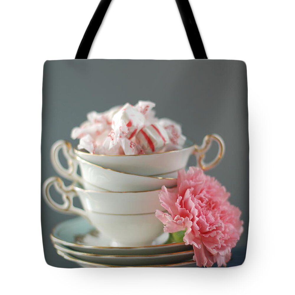 Wisdom Tote Bag featuring the photograph Teacups And Candy by Shawna Lemay