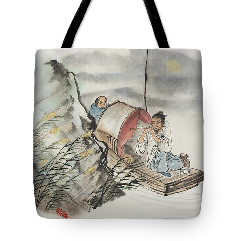 Chinese Watercolor Tote Bag featuring the painting Moonlight Flute Player by Jenny Sanders
