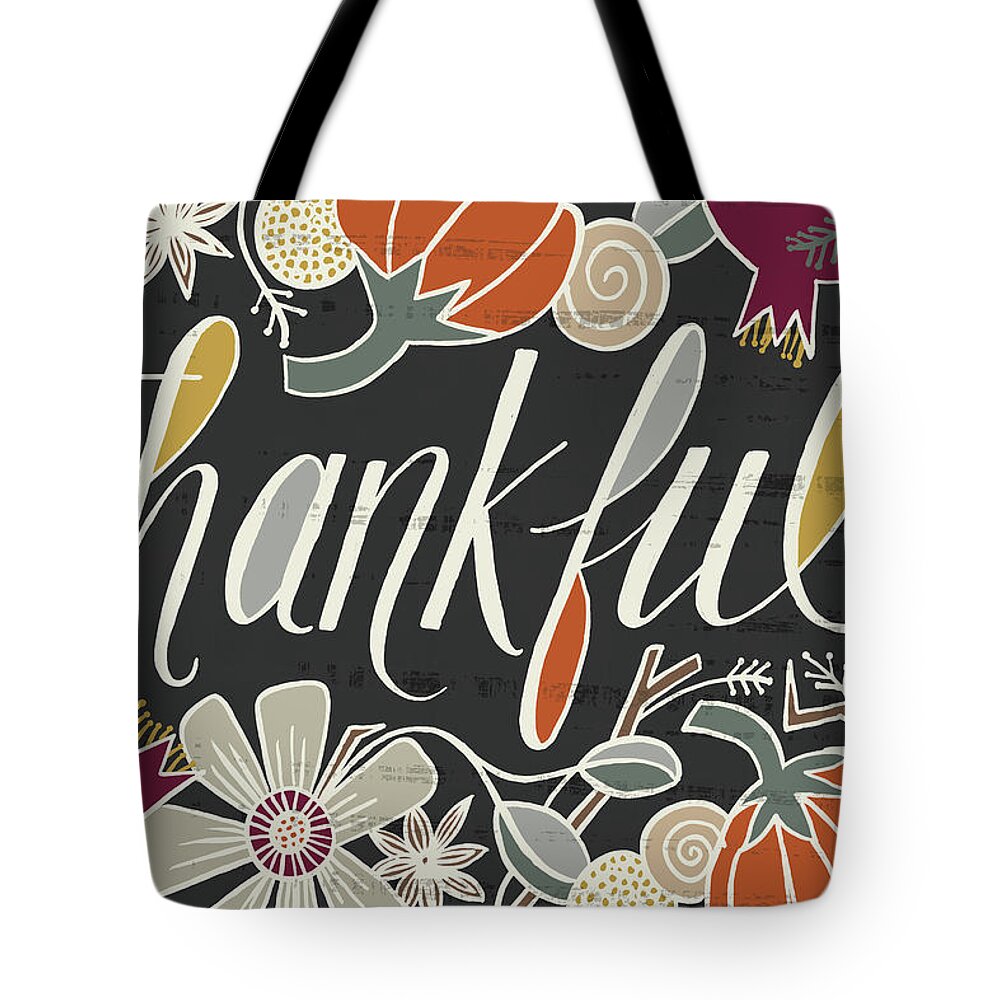 Harvest Tote Bag featuring the painting Thankful Fall Art Black Background by Jen Montgomery
