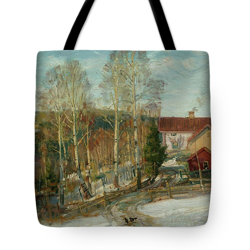 Landscape Tote Bag featuring the painting Thaw in Askim by O Vaering