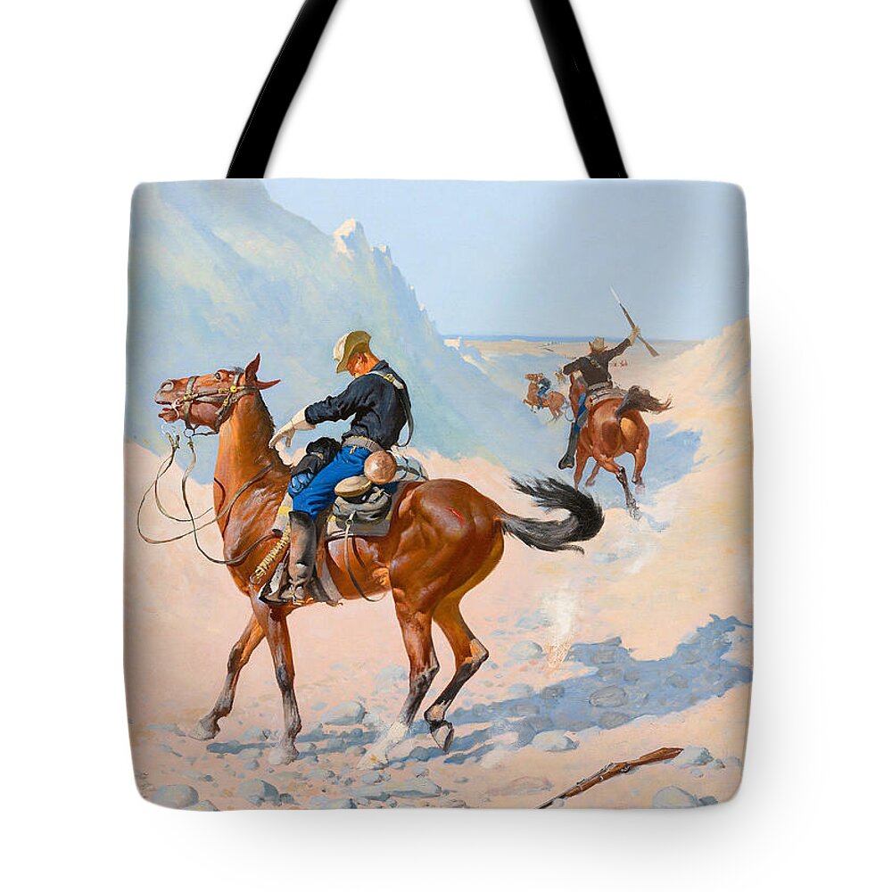 19th Century Art Tote Bag featuring the painting The Advance-Guard, or The Military Sacrifice by Frederic Remington