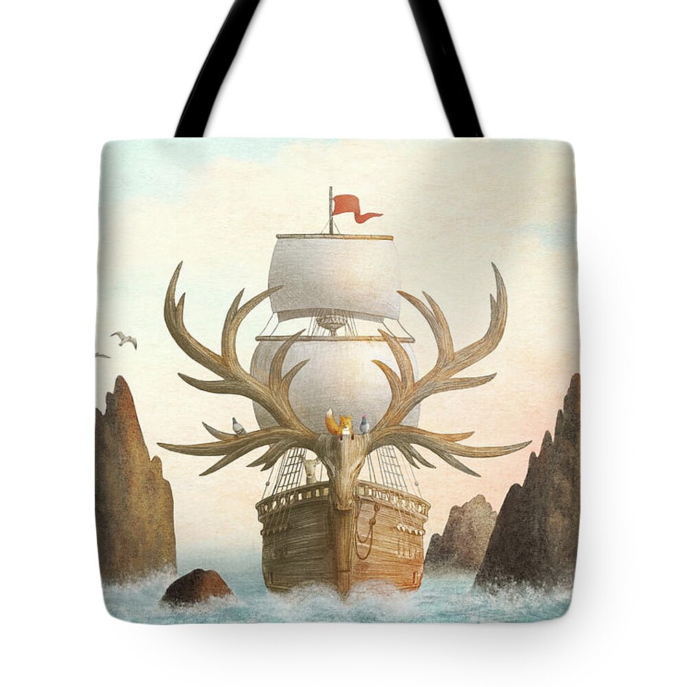 Ship Tote Bag featuring the drawing The Antlered Ship by Eric Fan