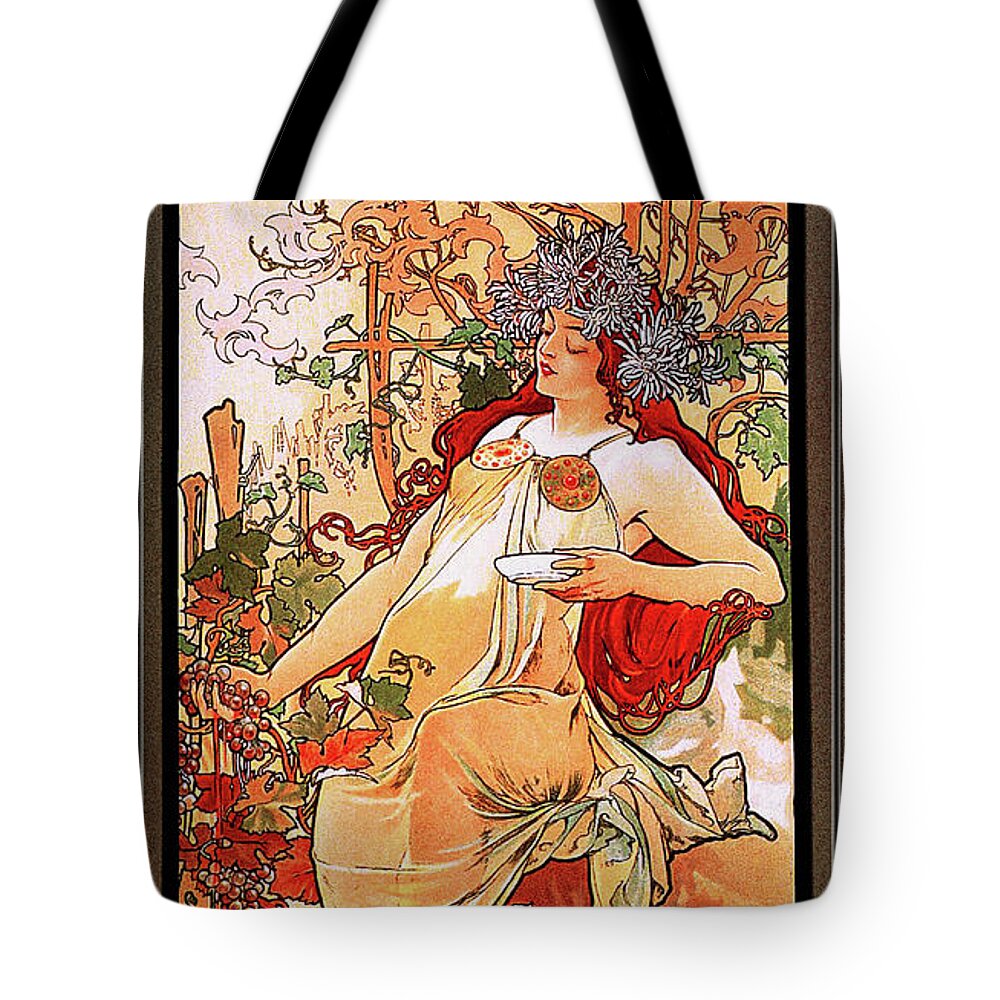 The Autumn Tote Bag featuring the painting The Autumn by Alphonse Mucha by Rolando Burbon