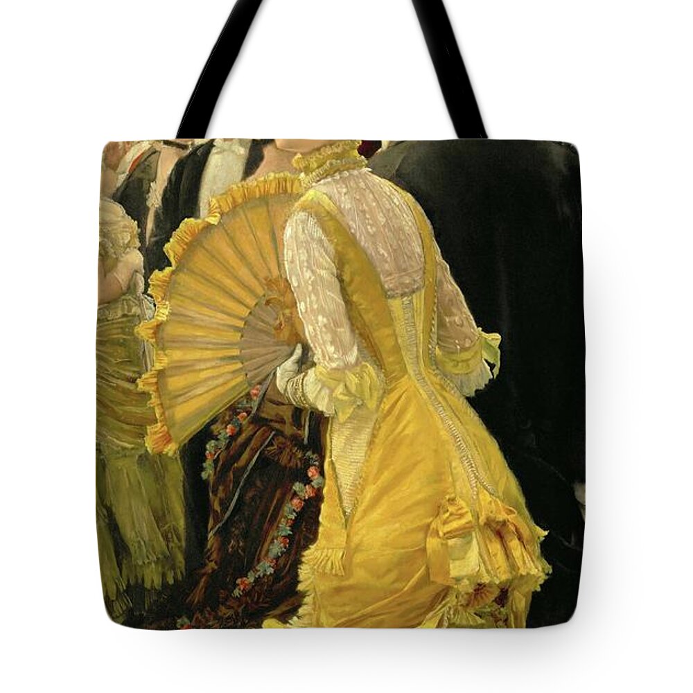 James Tissot Tote Bag featuring the painting The ball. Around 1878 Canvas, 90 x 50 cm R. F. 22 53. by James Tissot -1836-1902-