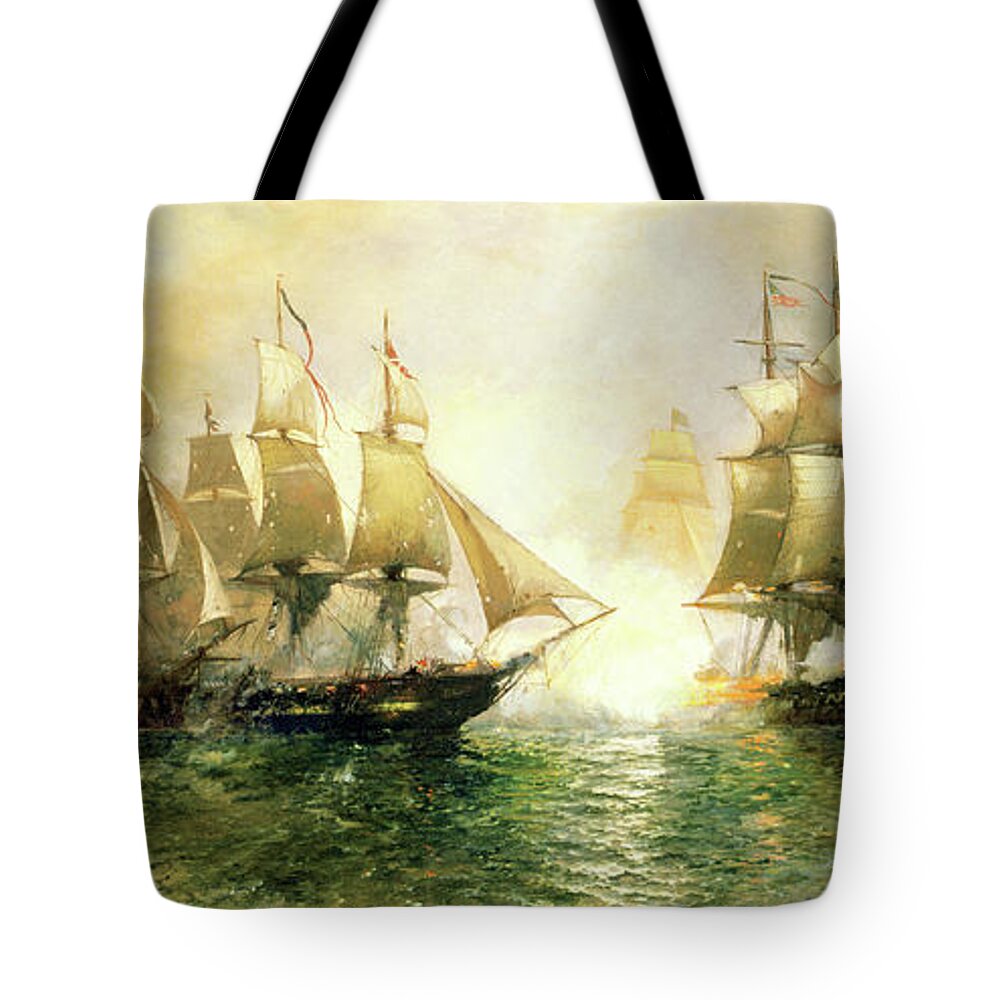 War Of 1812 Tote Bag featuring the painting The Battle of Lake Erie by Julian O. Davidson