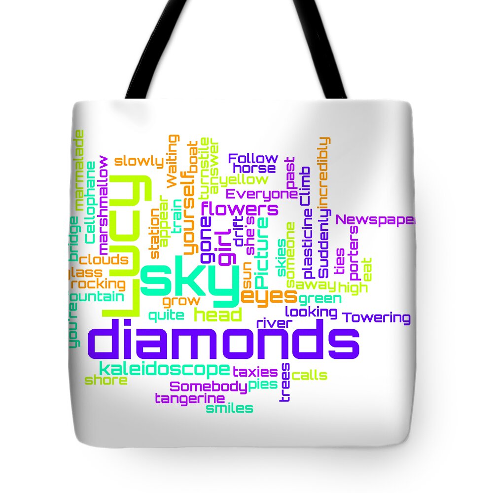 The Beatles Tote Bag featuring the digital art The Beatles - Lucy in the Sky with Diamonds Lyrical Cloud by Susan Maxwell Schmidt