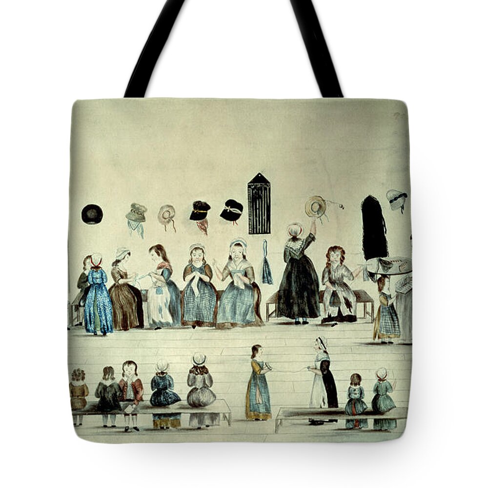 Bench Tote Bag featuring the painting The Benevolent School by English School
