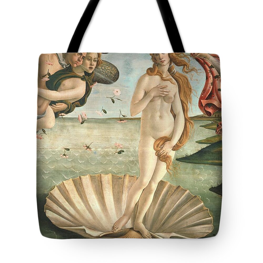 Aphrodite Tote Bag featuring the painting The Birth of Venus, 1478. Detail of the Birth of Venus in scallop shell. SANDRO BOTTICELLI . CLORIS. by Sandro Botticelli -1445-1510-