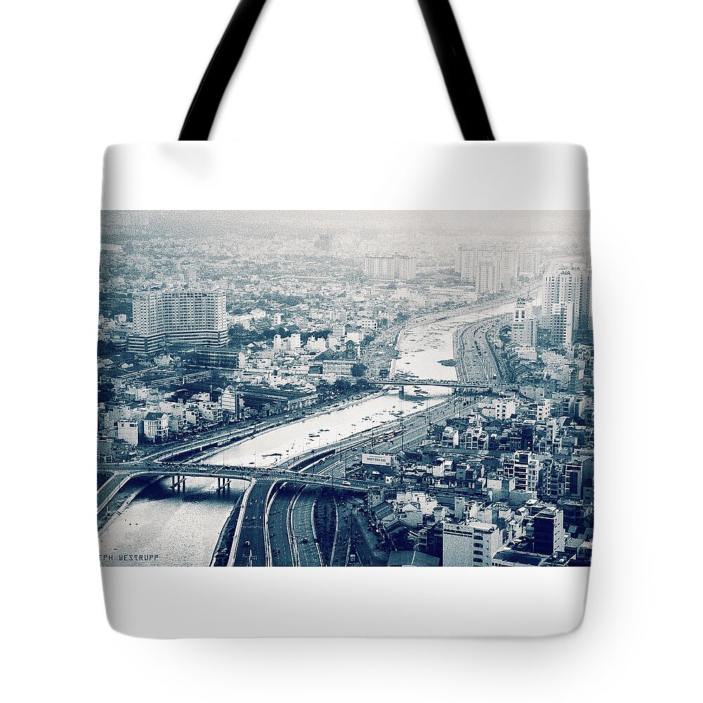 Monochrome Tote Bag featuring the photograph The Bisection of Saigon by Joseph Westrupp