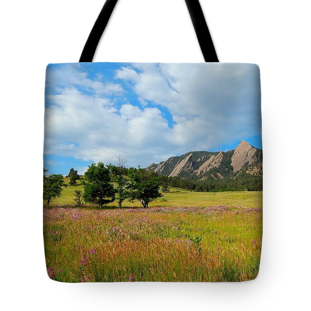 Boulder Tote Bag featuring the drawing The Boulder Flatirons by Dan Miller