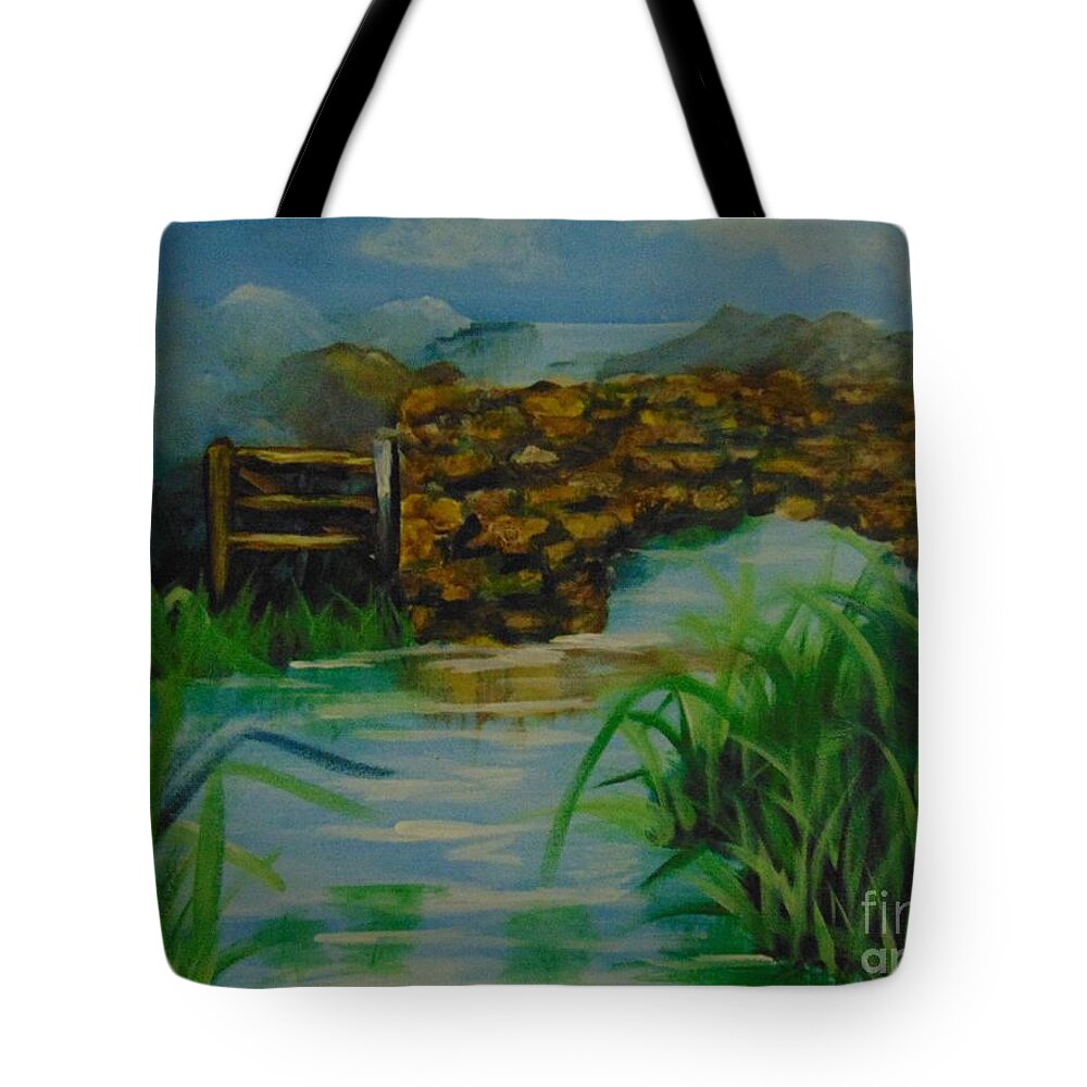Bridge Tote Bag featuring the painting The Bridge by Saundra Johnson