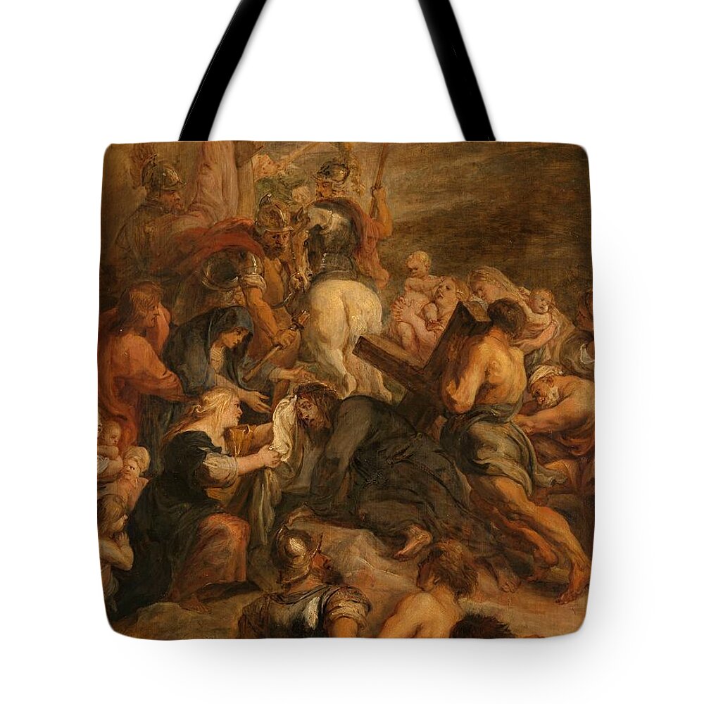 Christ Crossing Tote Bag featuring the painting The carrying of the cross, 1634 - 1637 by Vincent Monozlay