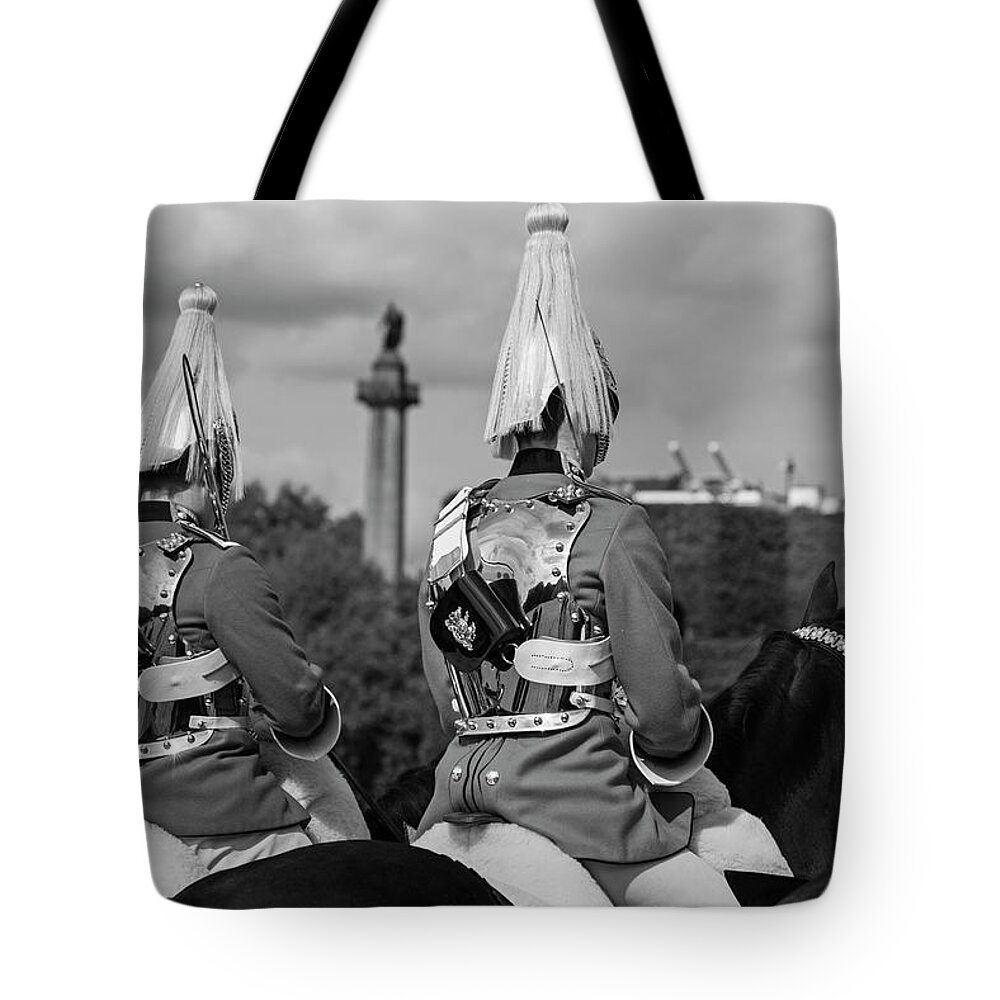London Tote Bag featuring the photograph The Changing of the Horse Guard London UK United Kingdom Black and White by Toby McGuire