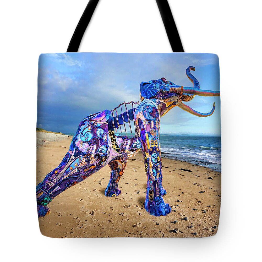 Beach Tote Bag featuring the mixed media The Clockwork Pachyderm by Dominic Piperata