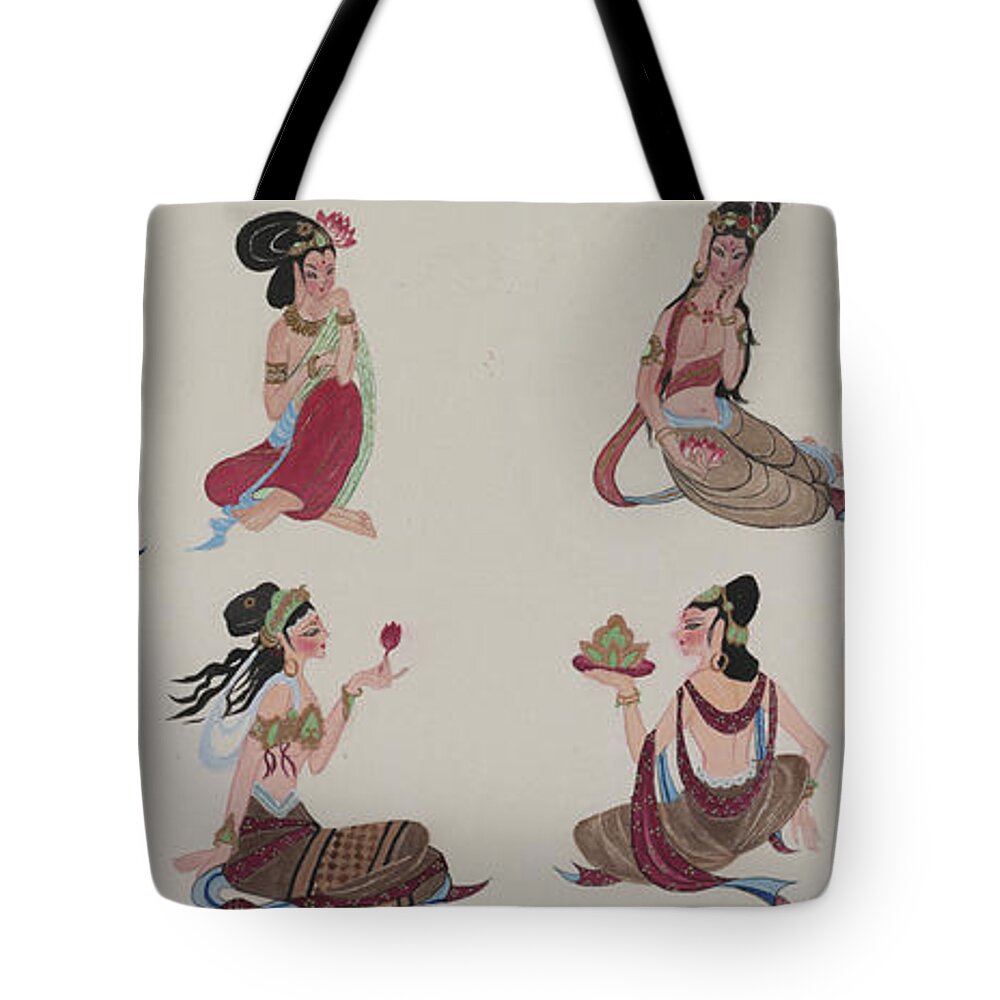 Chinese Watercolor Tote Bag featuring the painting The Court Ladies of Dunhuang by Jenny Sanders