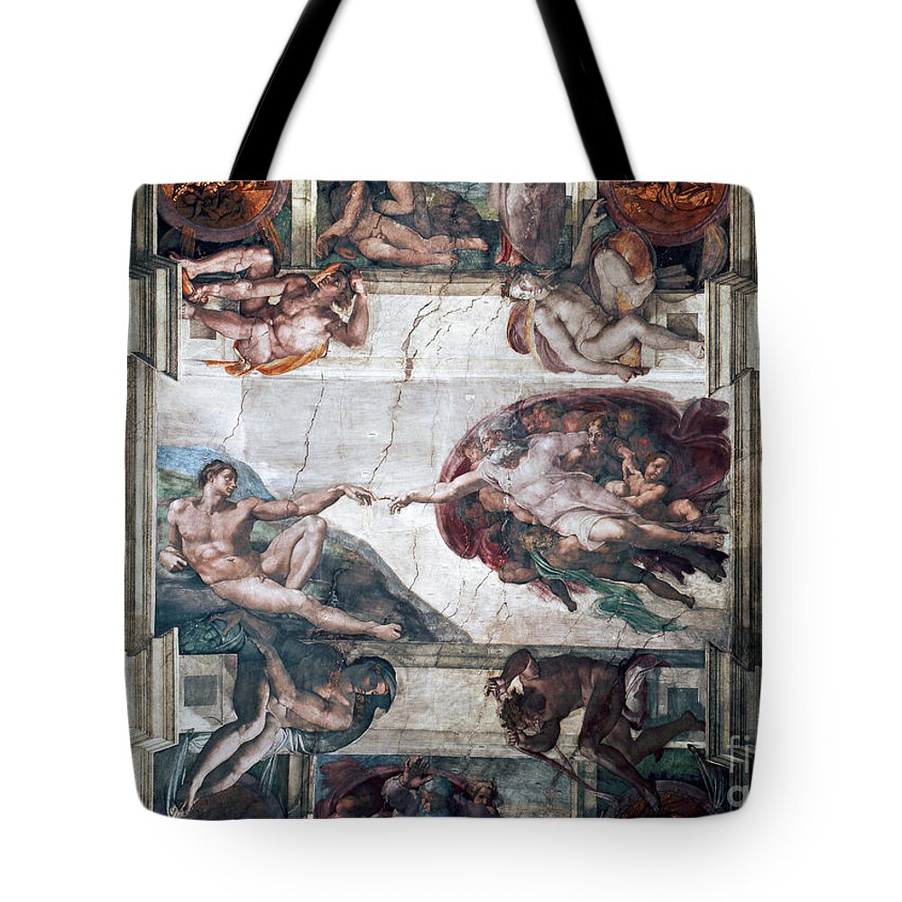 Genesis Tote Bag featuring the painting The Creation Of Adam, Detail From The Sistine Ceiling by Michelangelo Buonarroti