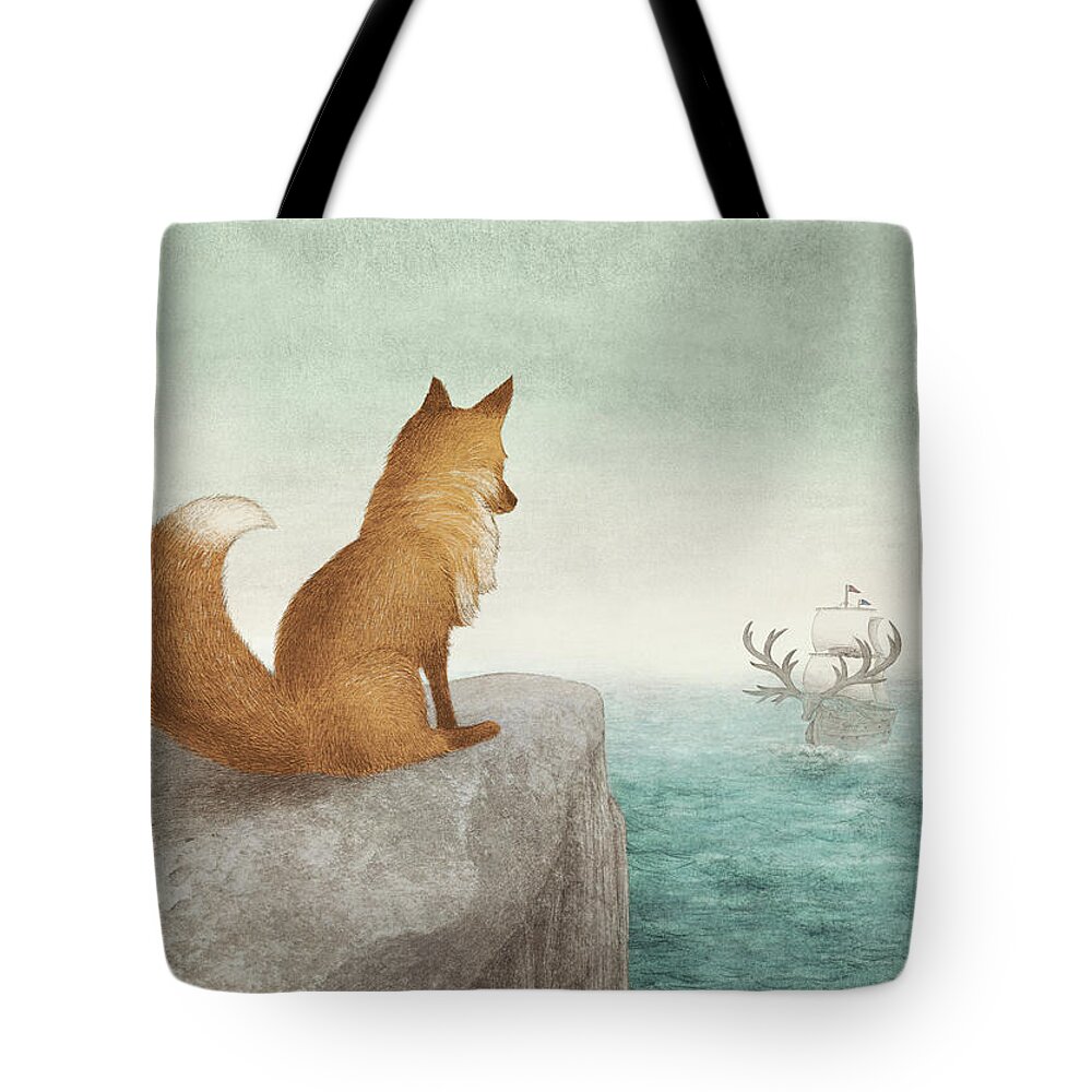 Fox Tote Bag featuring the drawing The Day the Antlered Ship Arrived by Eric Fan