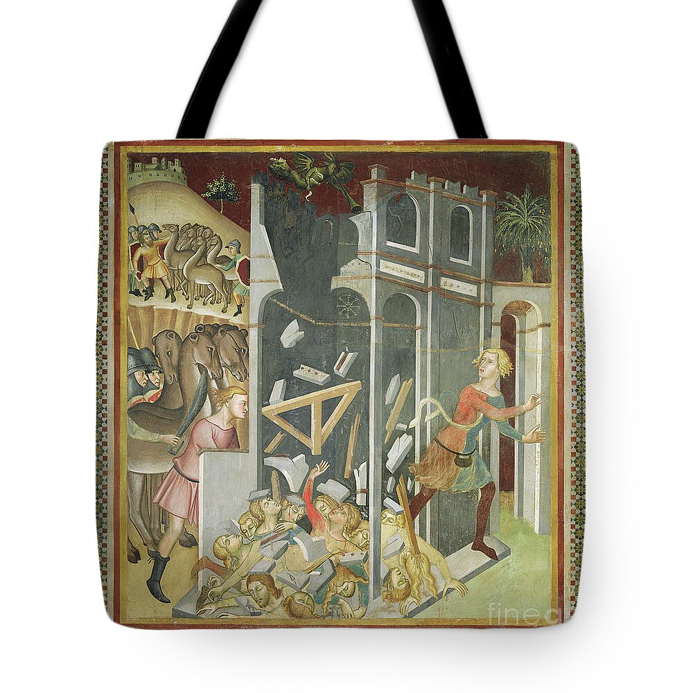 Camel Tote Bag featuring the painting The Destruction Of The House Of Job And The Theft Of His Herd By The Sabians, 1356-6 by Also Manfredi De Battilori Bartolo Di Fredi