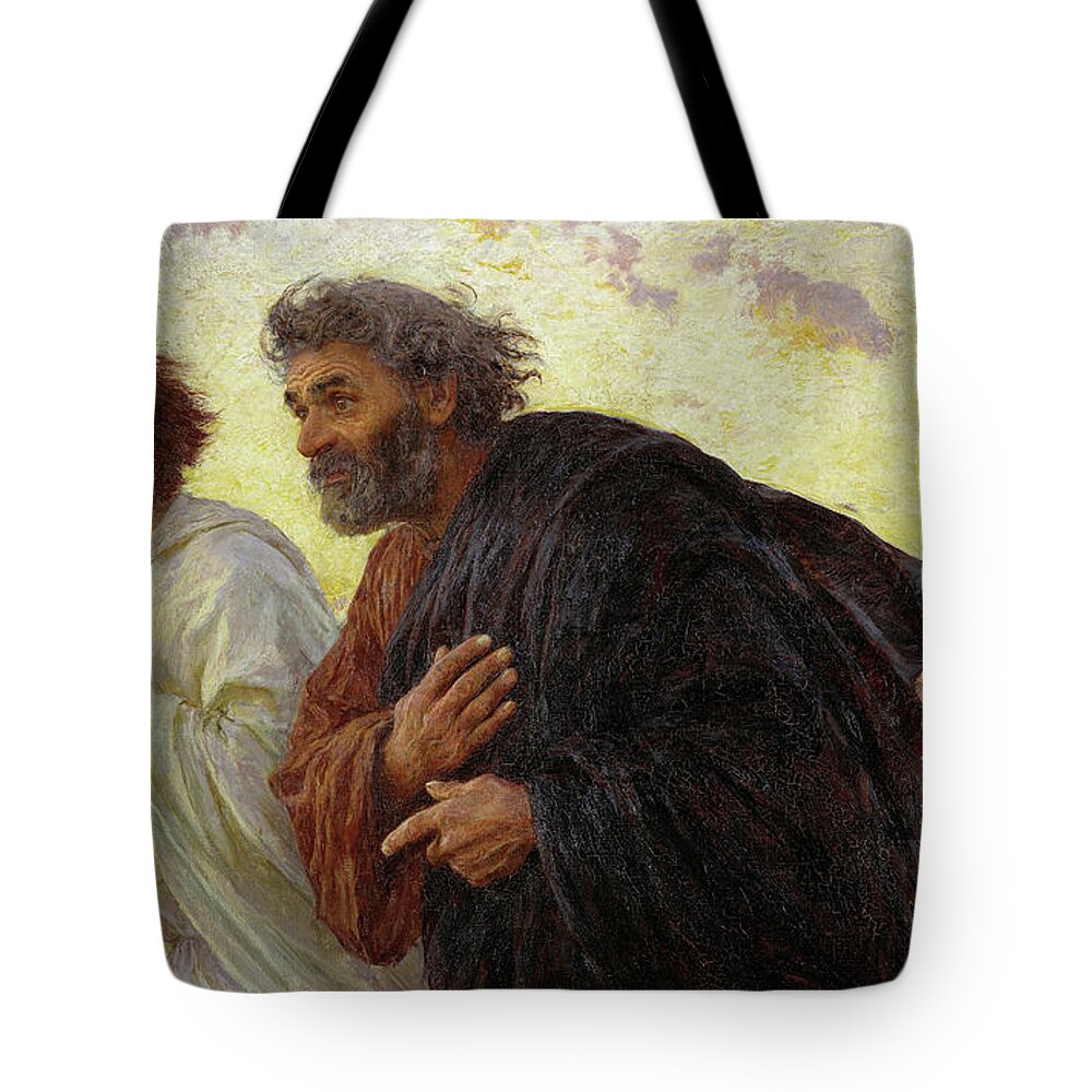 Eugene Burnand Tote Bag featuring the painting The Disciples Peter and John running to the tomb on the morning of the Resurrection, 1898 by Eugene Burnand