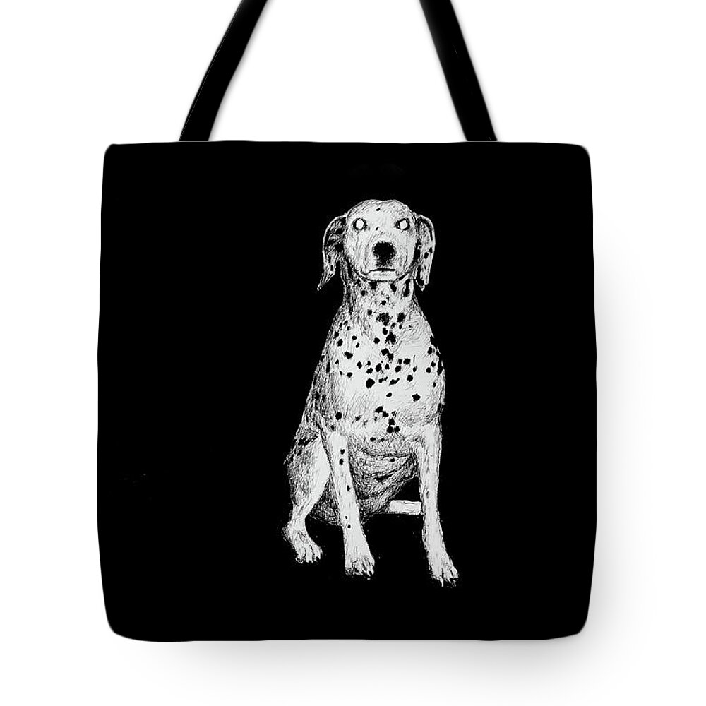 Dalmatian Dog Tote Bag featuring the drawing The Dog and the Chip of the Beast by Hans Egil Saele